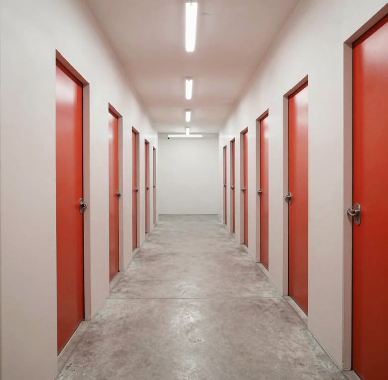 Bright architectural photography of a wide, clean self-storage corridor in Dubai, pristine concrete floor, bright overhead lighting, neutral tones with red accents, 35mm