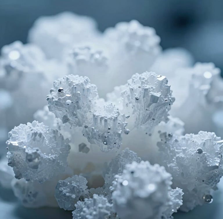 Macro close-up of crystalline chemical structures under high-contrast blue and sterile white laboratory lighting, sharp depth of field.
