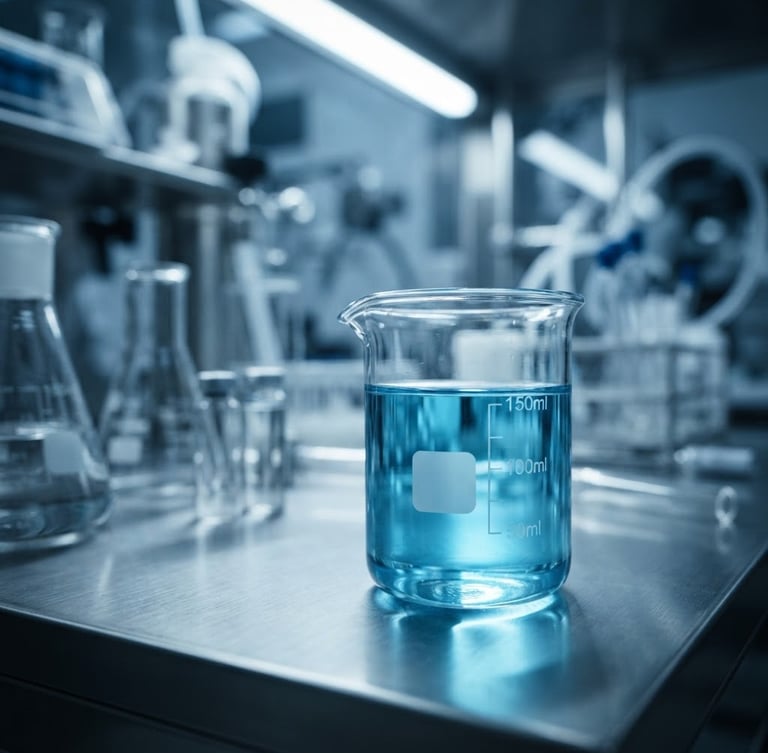 Macro photograph of sterile clinical blue laboratory glass, backlit glass beakers with high-contrast shadows, cleanroom environment, cinematic depth of field.