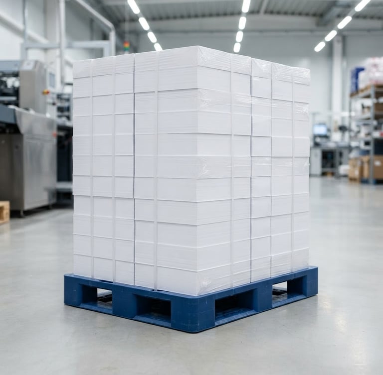 Crisp industrial product photography of high-brightness paper reams stacked neatly on a manufacturing pallet, bright clean studio lighting, high-contrast white and blue tones, sharp details, 35mm