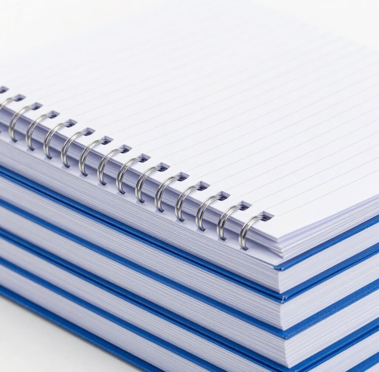 Close-up of durable high-quality notebook thread binding on a stack of blue registers, clean industrial studio lighting, high-contrast white and blue tones