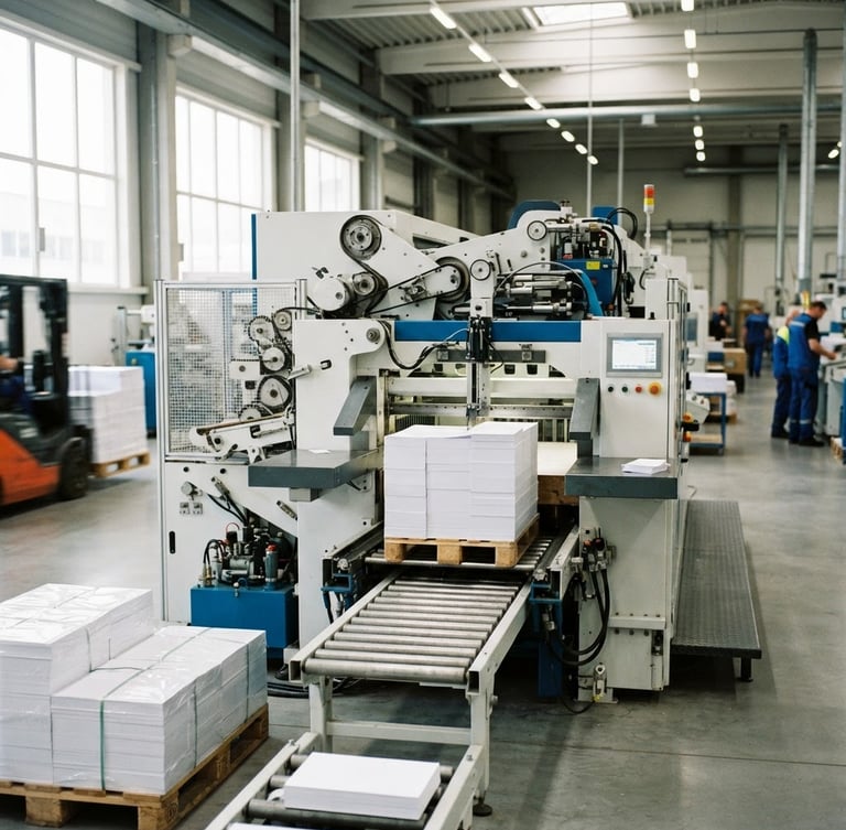 Wide shot of a modern high-speed industrial paper cutting machine in a brightly lit factory, stacked reams of white paper, crisp daylight, 35mm photography
