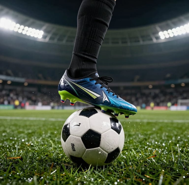 Close-up of football boots hitting the ball on wet grass, high contrast floodlights, shallow depth of field, sharp action freeze-frame.