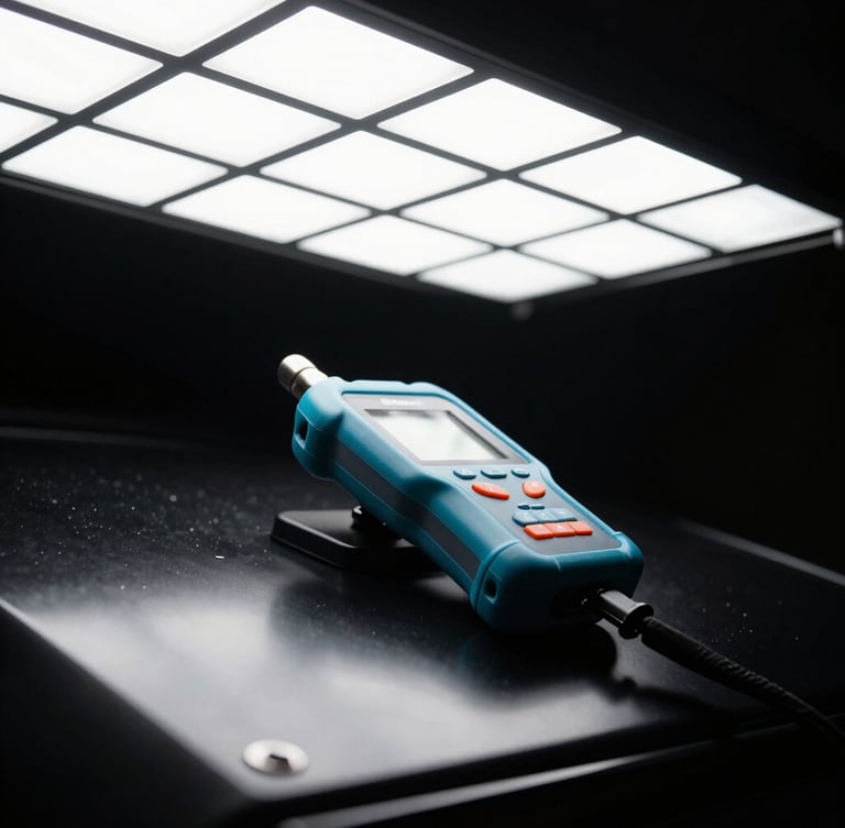 A digital coating thickness gauge resting on a flawless black vehicle panel under bright overhead LED inspection grids, high-contrast studio lighting.