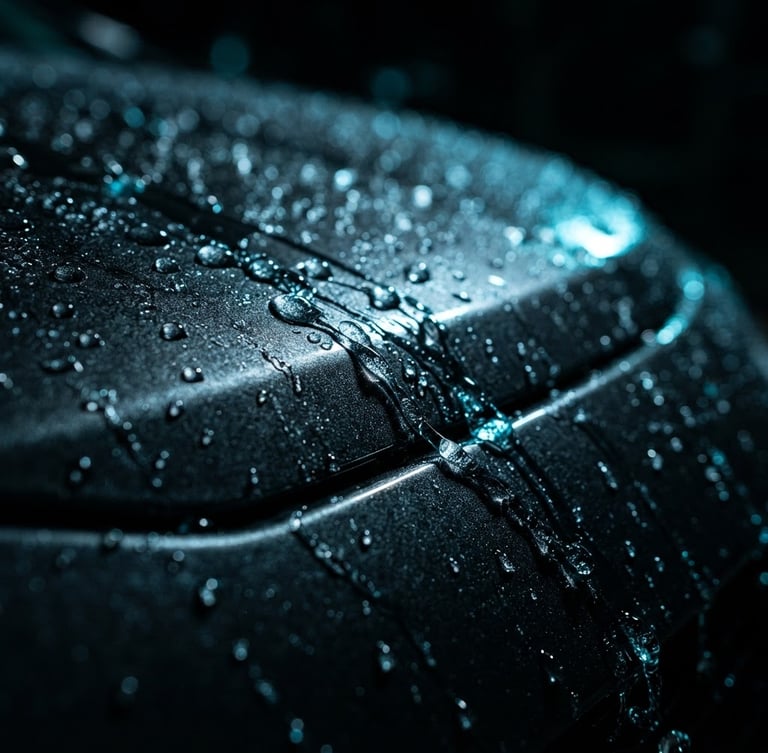 Macro close-up of water beads rolling off a deep charcoal metallic car hood, dramatic rim lighting, sharp cyan reflections, 35mm lens.