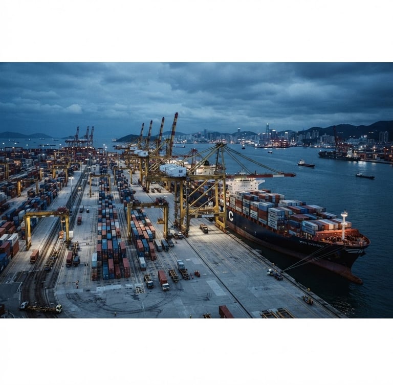 Wide panoramic environmental shot of a modern cargo shipping port at dusk, massive blue container ships docked, cool overcast lighting, sharp architectural focus, 35mm lens.