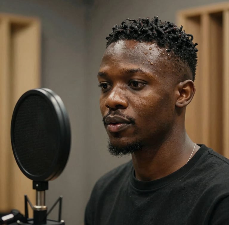 Cinematic medium close-up of a young Nigerian creator in a professional soundproof recording studio, warm gold rim lighting, Lagos urban aesthetic, high-production depth