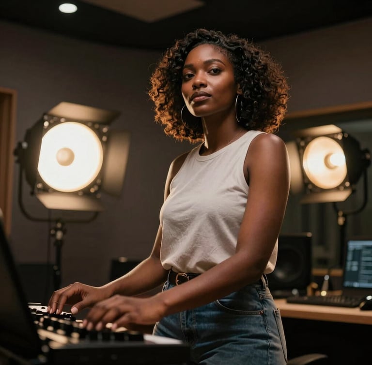 Dynamic low-angle shot of an African female creator in a high-production recording studio, warm gold rim lights, dramatic low-key lighting.