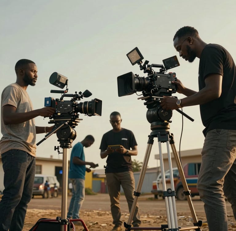 Dynamic low-angle shot of a high-production film set in Lagos, warm gold rim lighting highlighting professional cameras and focused crew members.
