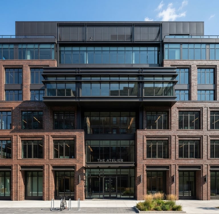 Straight-on architectural photography of a modern brick and steel commercial building facade, crisp natural daylight, sharp shadows, blue sky