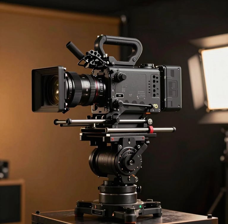 A professional cinema camera mounted on a heavy stabilizing gimbal, dramatic key lighting, dark studio background with amber accents