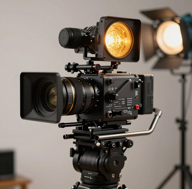 Close-up of a high-end cinema camera on a stabilizer rig, glowing amber tally light, soft studio background, dramatic key lighting