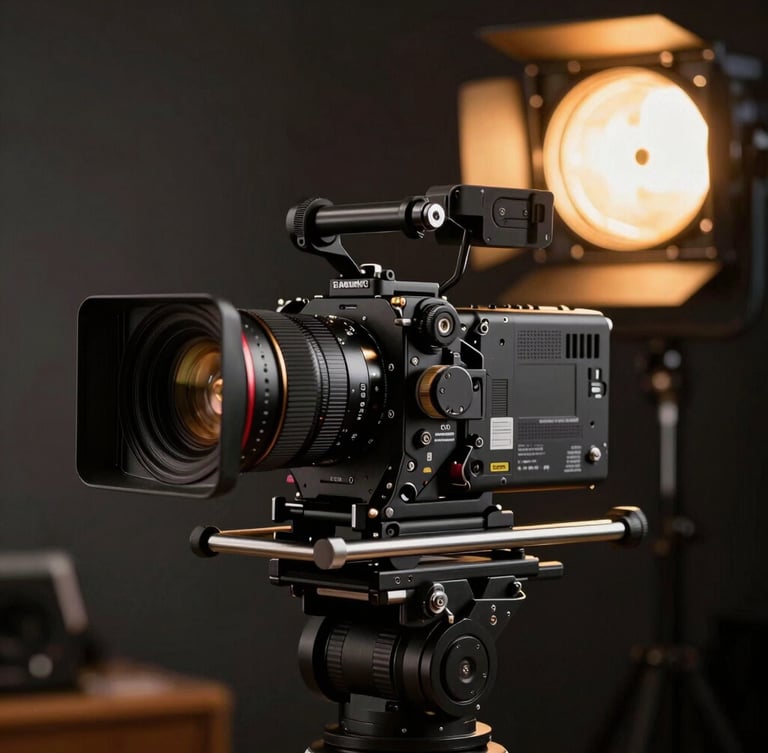 A close-up of a high-end cinema camera rigged on a stabilizer, dramatic amber tally light glowing in a dark, atmospheric studio setting.