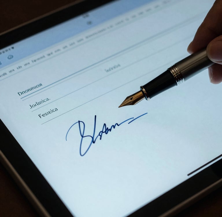 Close-up of a secure tablet screen displaying a digital signature field next to a luxury fountain pen, cool blue tones