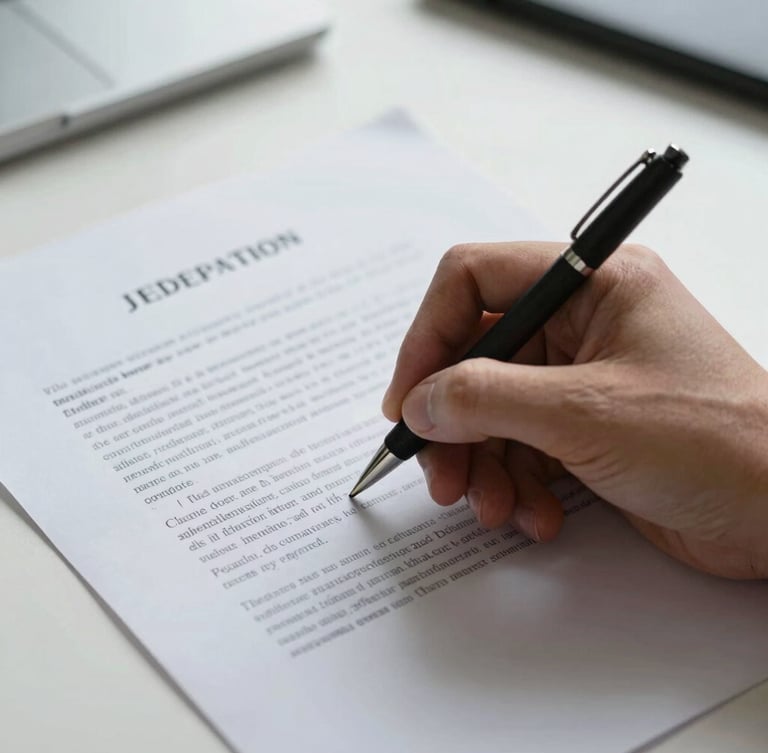 Close-up of a professional hand signing a legal document on high-grade bond paper, clean office lighting, focused composition.