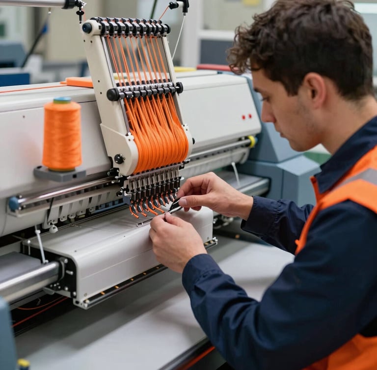 An experienced technician monitoring an industrial multi-head embroidery machine, sharp focus on moving needles and vibrant orange thread, industrial workshop