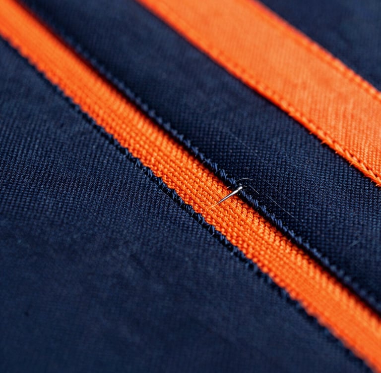 Macro shot of high-definition embroidery on heavy-duty fabric, showing tight polyester threads and precise needlework, dramatic industrial lighting, 35mm