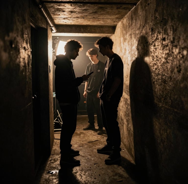 Atmospheric shot of an artist backstage in a dark, concrete corridor, dramatic amber backlighting, high contrast, gritty editorial photography.