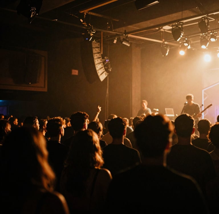 Moody venue interior with low-key concert lighting, dramatic amber backlighting, candid documentary-style shot of a crowd in deep shadow, 35mm film grain.