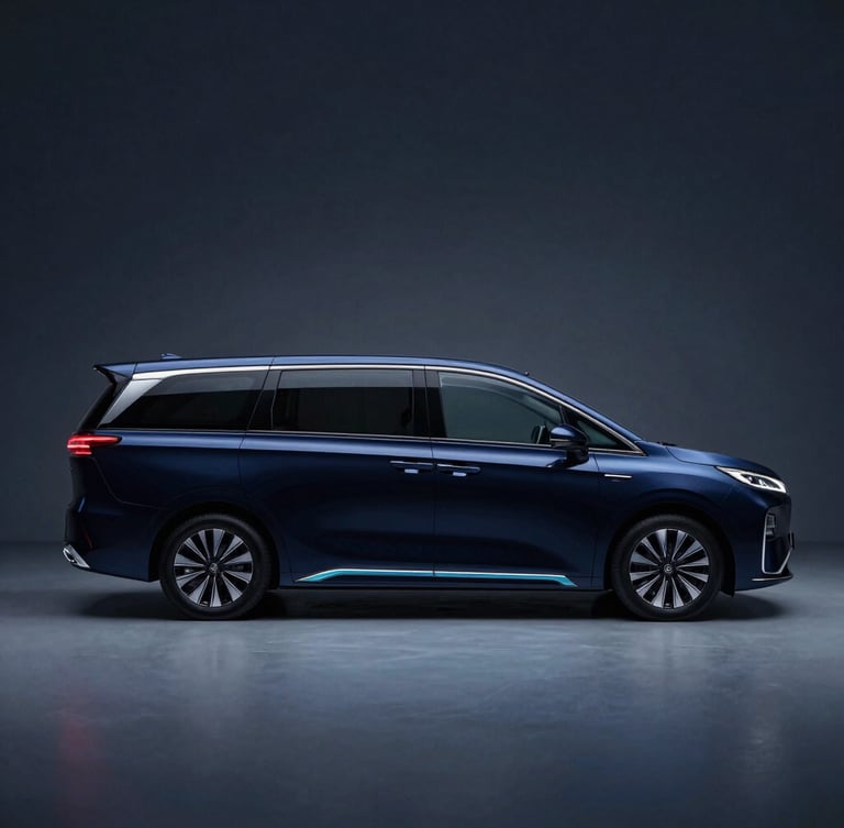 Sleek side profile of the MAXUS MIFA 9 luxury electric MPV, dramatic low-key studio lighting with subtle electric blue highlights on the obsidian body, cinematic 35mm