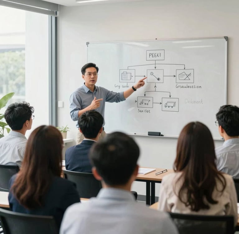 Wide-angle corporate training environment, professional sales trainer pointing at a whiteboard with retail distribution diagrams, active hand gestures, Indonesian corporate audience listening, bright natural office daylight, clean modern editorial style.