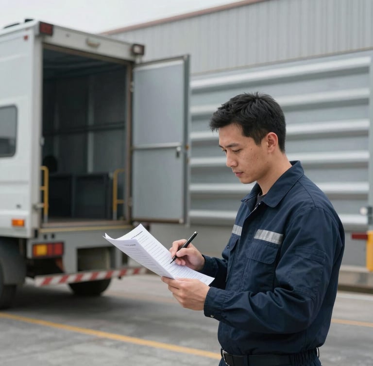 Supply chain professional reviewing manifests on a loading dock, crisp industrial photography, cool neutral warehouse lighting, desaturated steel and navy tones, sharp focus, 35mm architectural lens, wide shot