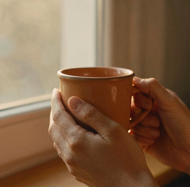 Candid medium close-up of hands wrapping around a warm terracotta mug, soft golden-hour window light, rich organic tones, 35mm film aesthetic.