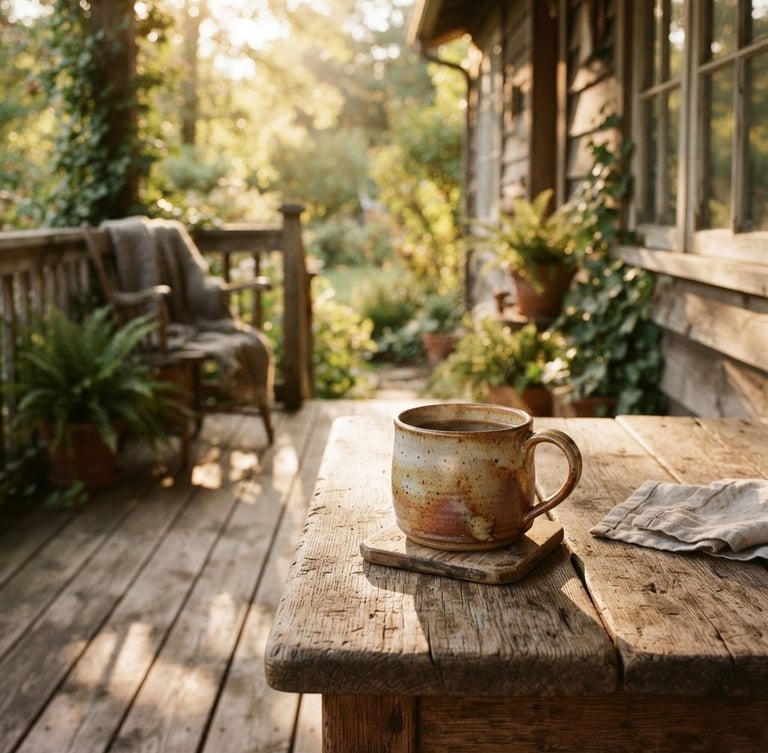 A quiet, sun-dappled wooden porch at golden hour, a single ceramic mug resting on a rustic table, soft focus, warm 35mm film aesthetic.