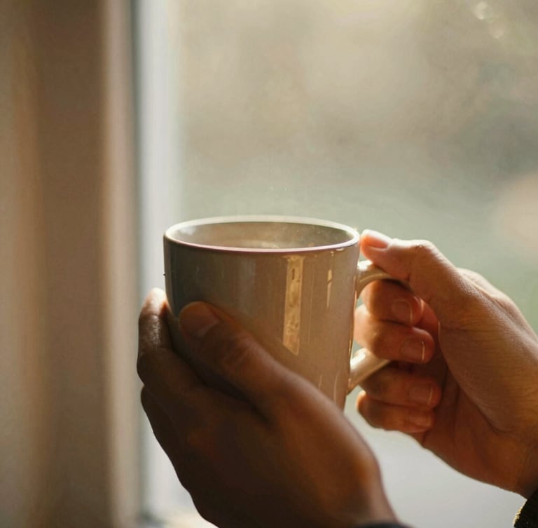 Close-up of hands holding a warm ceramic mug near a window, soft golden-hour light illuminating dust motes, rich organic tones, shallow depth of field, 35mm film aesthetic