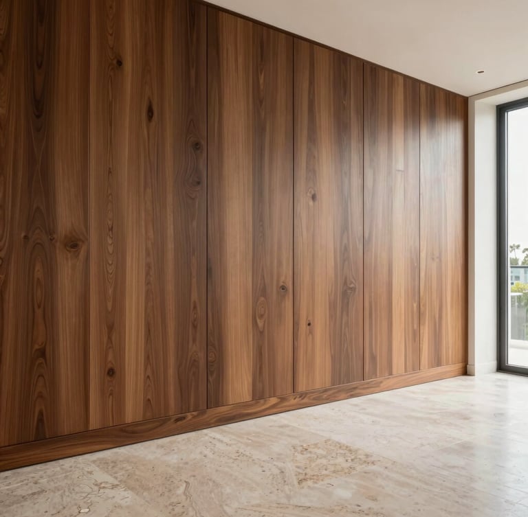 Immaculate residential interior in Miami showing a custom walnut millwork wall meeting a polished travertine floor with perfect alignment, architectural lines, warm natural daylight