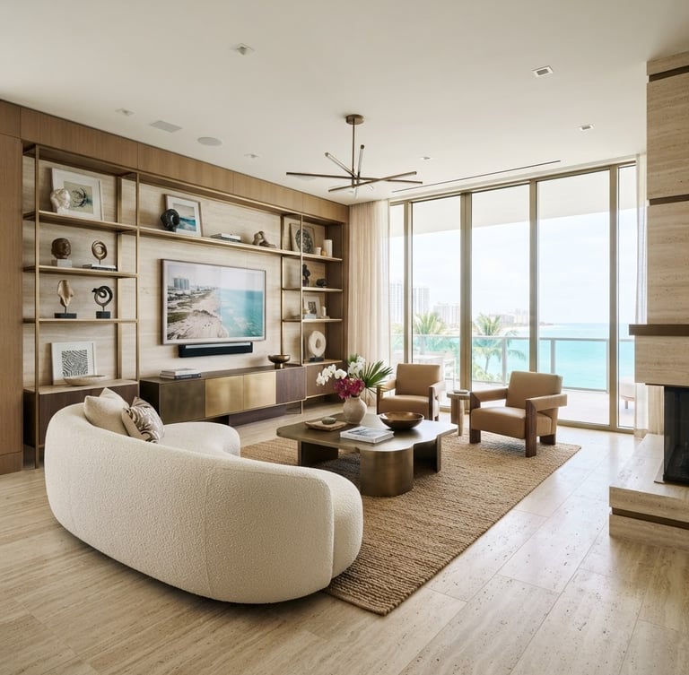 Wide-angle architectural medium-format photo of a luxury Miami living room, warm diffused coastal daylight, floor-to-ceiling glass windows, travertine floors, brushed bronze details.