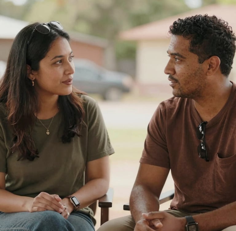A warm, candid medium shot of two local community leaders in conversation outdoors, soft natural daylight, rich earthy tones, authentic human connection.