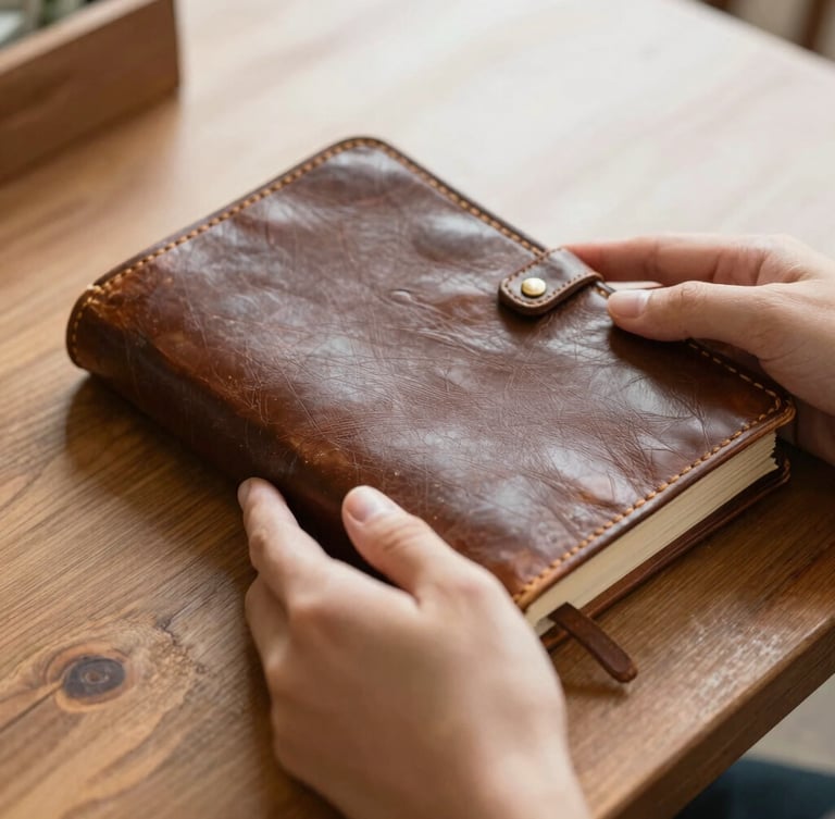 Close-up of hands holding a vintage leather-bound journal on a wooden table, warm indoor lighting, soft focus, evoking heritage and personal legacy