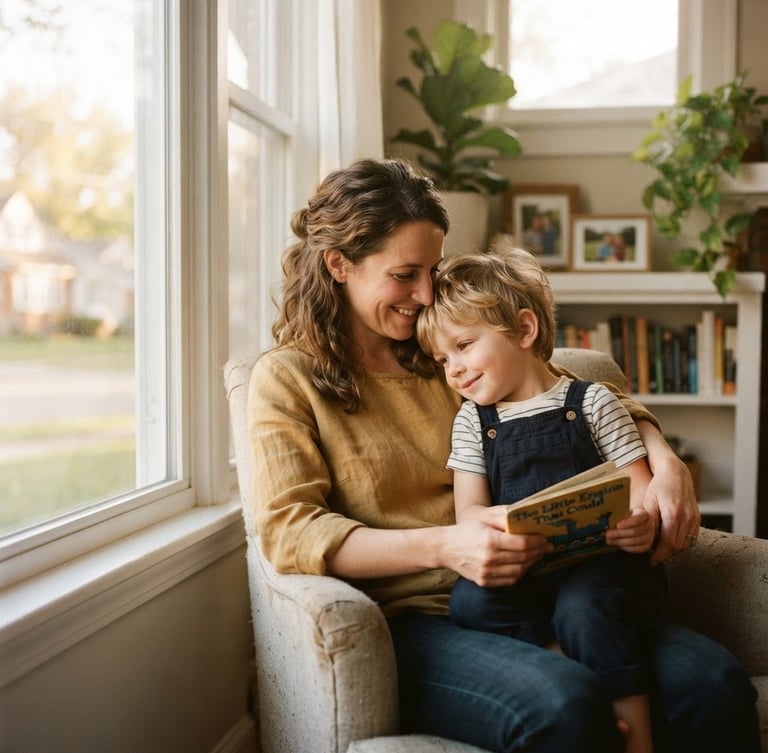 Candid medium shot of a mother and child sharing a quiet moment near a sunny window in an Ohio home, soft natural light, warm editorial style, 35mm.