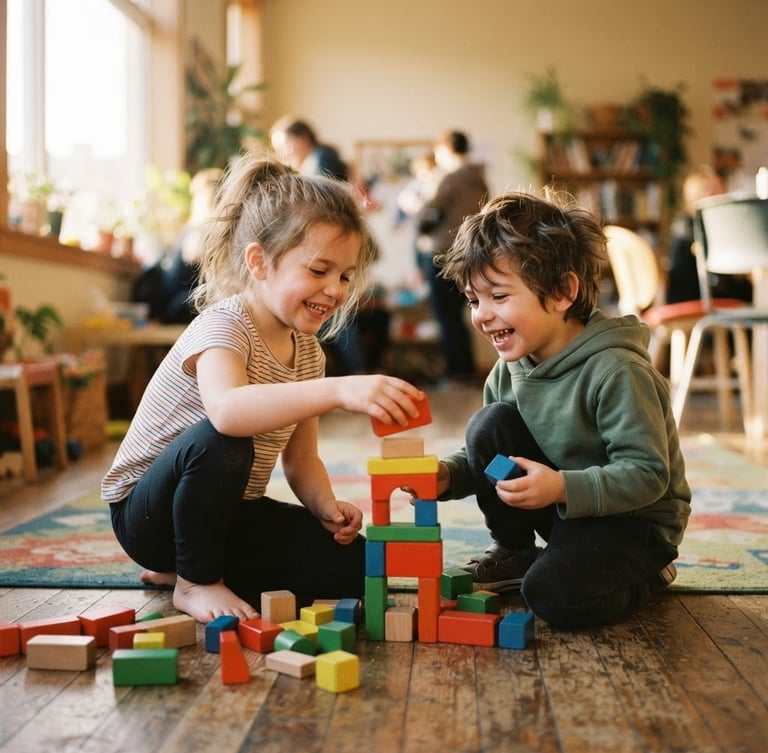 Candid medium shot of two smiling children playing with colorful building blocks in a sunlit community room, soft-focus background, warm natural window light, 35mm