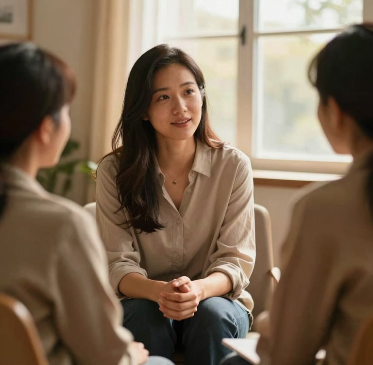 Candid medium shot of a compassionate female counselor talking with a parent in a warm, inviting community room, soft window light, rich tones, 35mm