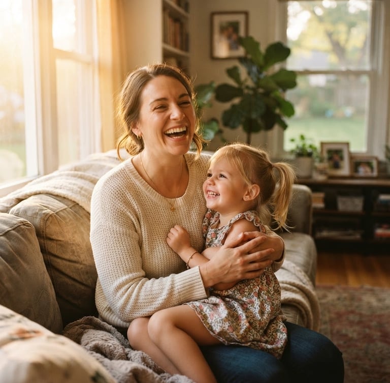 Warm candid photograph of an Ohio mother laughing with her young child in a sunlit living room, soft golden-hour window light, shallow depth of field, 35mm.