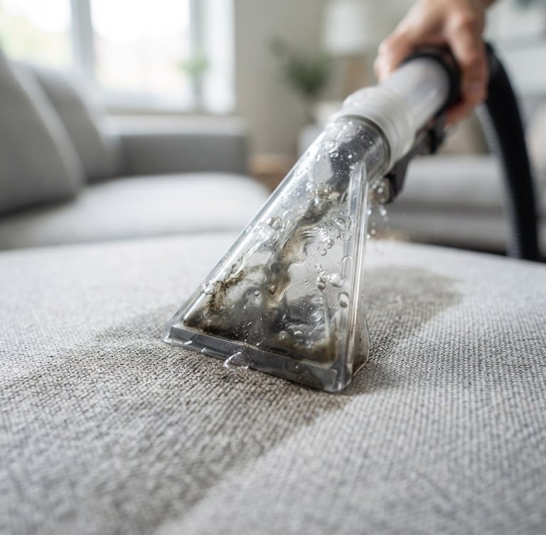 Macro shot of a professional cleaning wand extracting dark dirt from a light grey textured sofa fabric, bright natural daylight, water droplets visible in the suction nozzle, clean editorial photography.