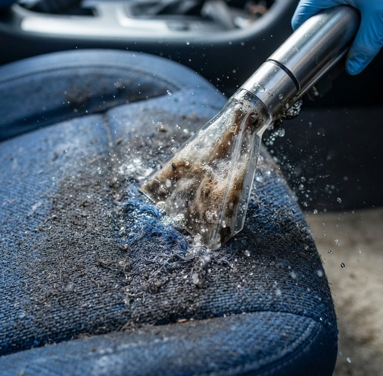 Macro shot of a professional cleaning wand extracting dark dirt from a textured car seat, bright natural daylight, crisp details, water droplets visible.
