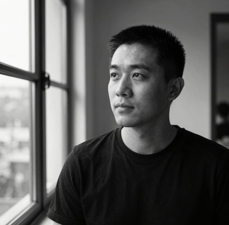Medium environmental portrait of a designer looking thoughtfully away from the camera, high-contrast natural window light, black and white editorial style