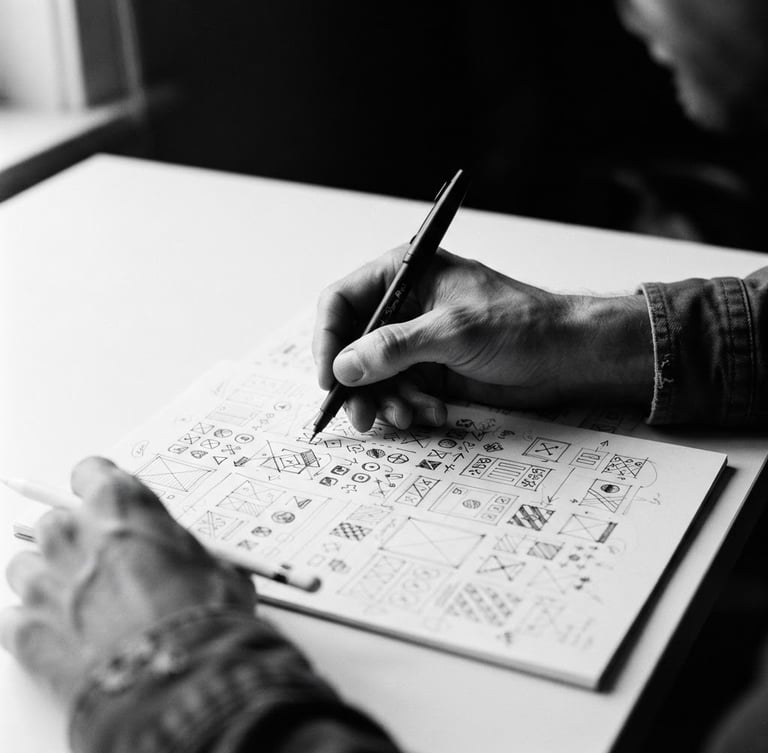 Close-up of hands sketching a visual identity system on a clean desk, natural window side-lighting, high contrast black and white, editorial portrait photography style