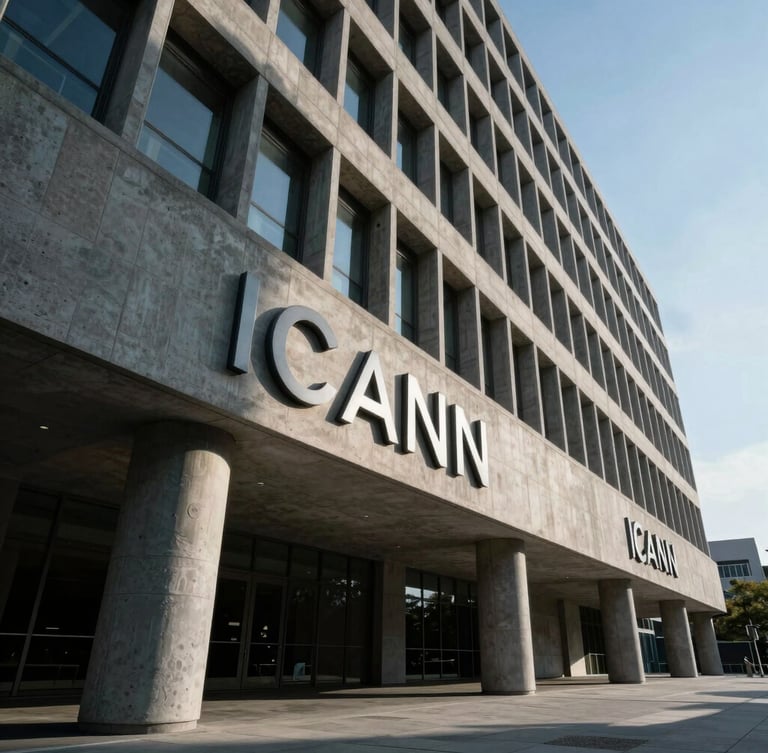 Wide-angle architectural view of the ICANN headquarters building, sharp geometric concrete lines under high-contrast cool daylight, deep shadows.