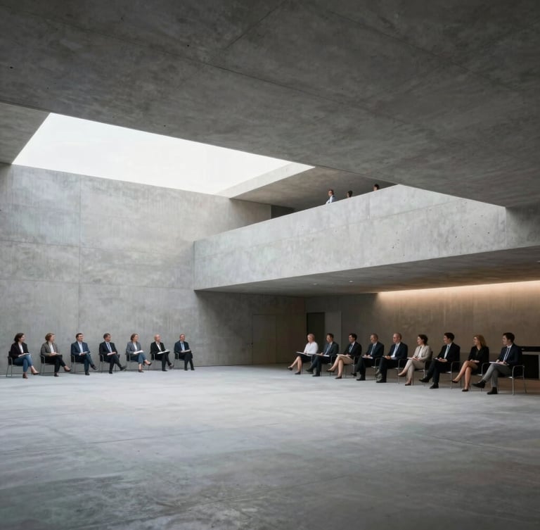 Wide architectural shot of a minimalist Swiss conference hall, sharp concrete lines, cool daylight, blurred executive audience in background