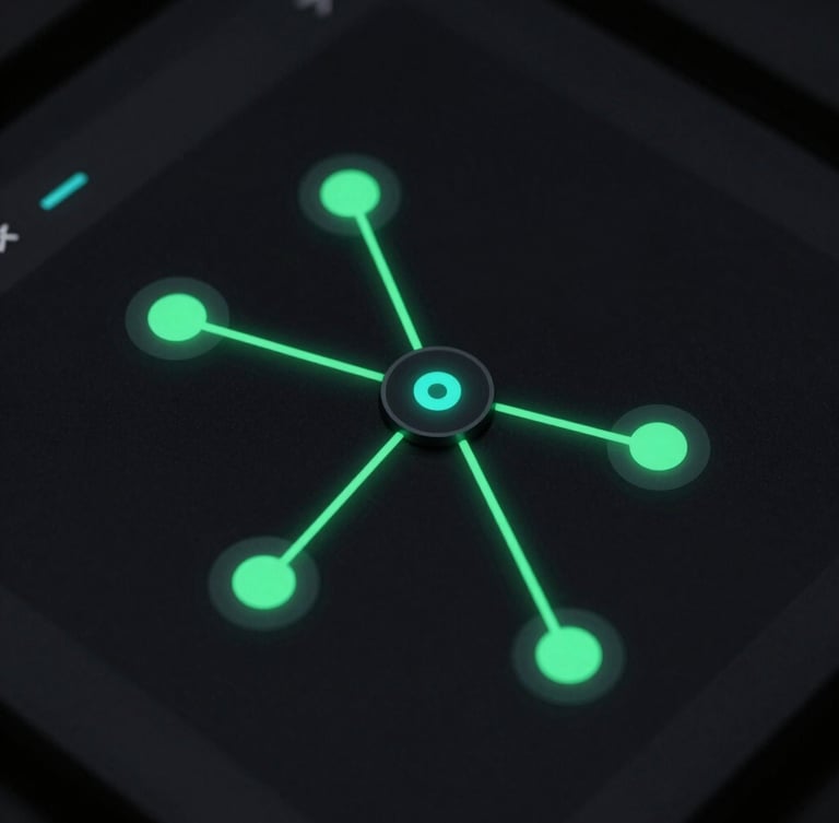 Sleek dark-mode software interface showing connected automation nodes, glowing neon green lines on a pure black screen, high-contrast macro shot