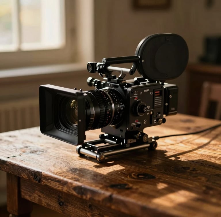 Close-up of a professional cinema camera rig resting on a rustic dark oak table, soft golden window light casting rich shadows, shallow depth of field, 35mm