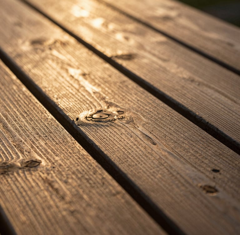 Close-up of weathered wooden planks showing rich grain textures, side-lit by warm golden-hour sun, shallow depth of field, 35mm photography