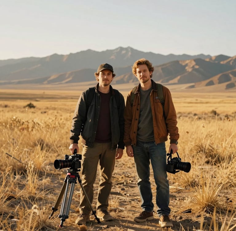 A portrait of two media creators standing in a golden Utah valley, carrying a tripod and camera gear, warm afternoon sun, soft shadows, 35mm photography