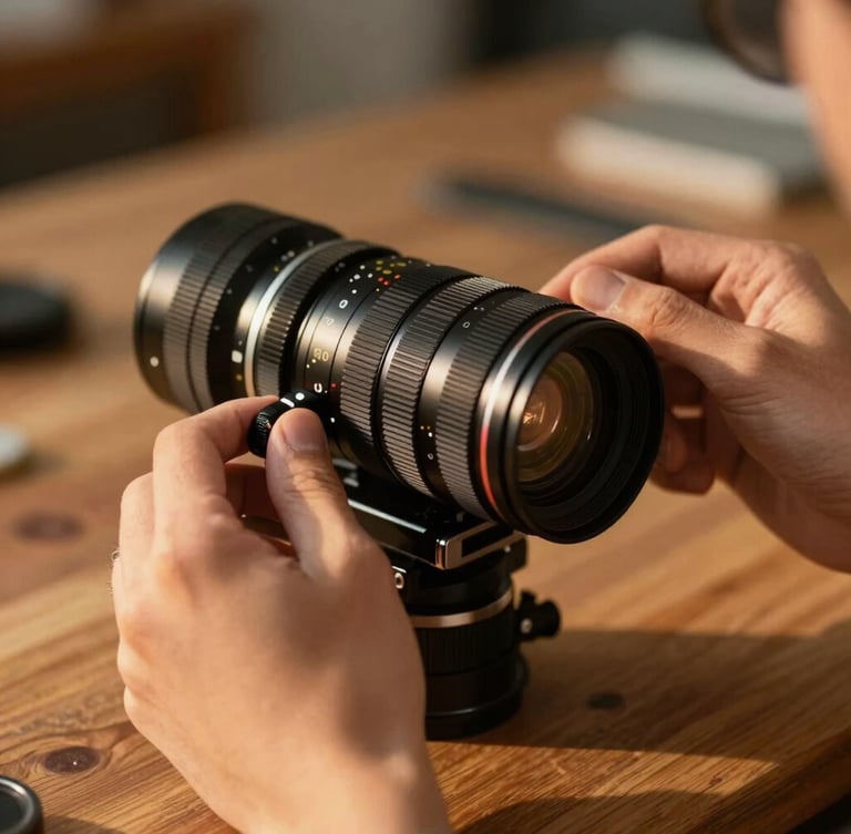 Close-up of hands adjusting a manual cinema lens on a heavy camera rig, warm golden-hour side light, wooden workbench background, shallow depth of field