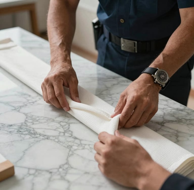 Close-up of a uniformed relocation specialist carefully wrapping a high-value marble tabletop in thick protective textile, bright natural daylight.