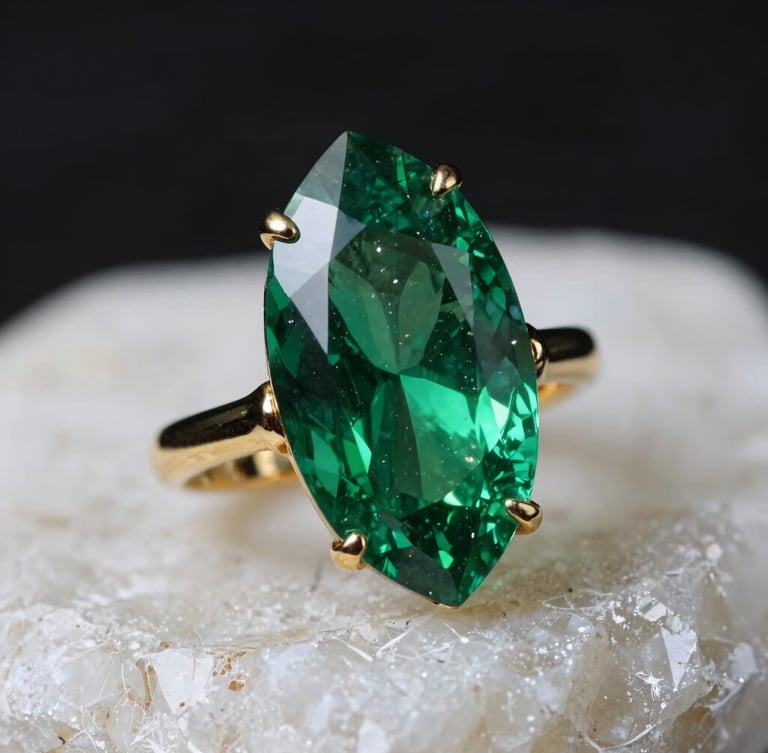 Macro shot of a marquise-cut emerald ring resting on raw white quartz, dramatic high-contrast chiaroscuro lighting, deep green facets